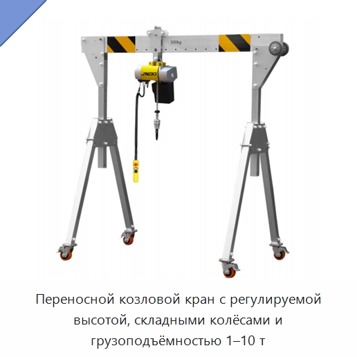 Переносной козловой кран с регулируемой высотой, складными колёсами и грузоподъёмностью 1–10 т — Козловые краны