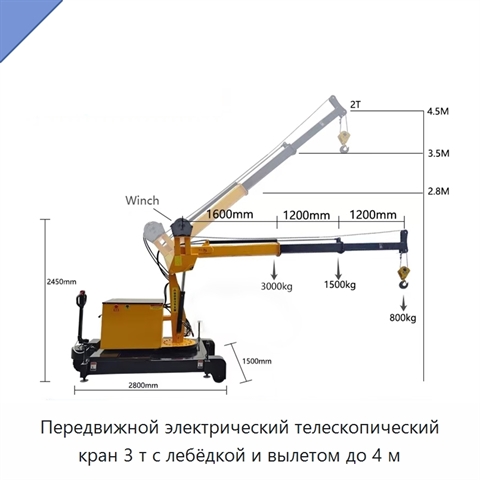 Передвижной электрический телескопический кран 3 т с лебёдкой и вылетом до 4 м