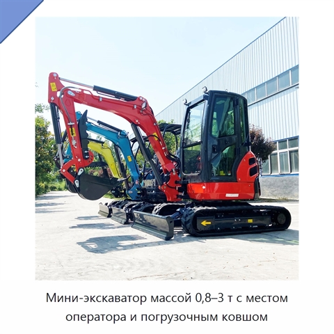 Мини-экскаватор массой 0,8–3 т с местом оператора и погрузочным ковшом