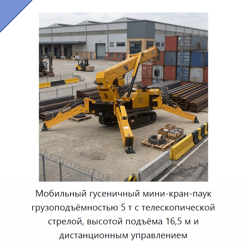 Мобильный гусеничный мини-кран-паук грузоподъёмностью 5 т с телескопической стрелой, высотой подъёма 16,5 м и дистанционным управлением — Краны