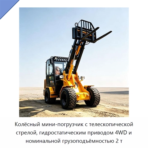 Колёсный мини-погрузчик с телескопической стрелой, гидростатическим приводом 4WD и номинальной грузоподъёмностью 2 т