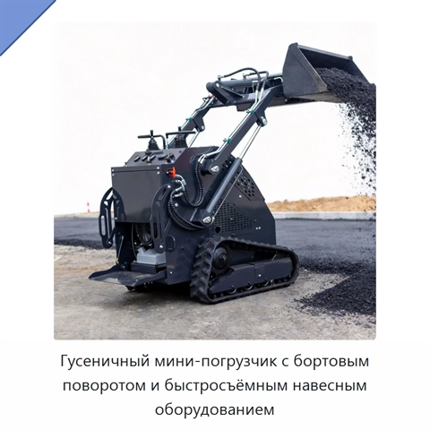 Компактный гусеничный мини-погрузчик с бортовым поворотом, универсальным быстросъёмным креплением и гидравлическим навесным оборудованием