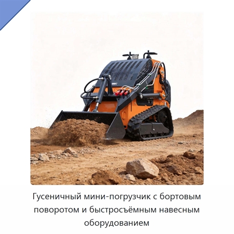 Компактный гусеничный мини-погрузчик с бортовым поворотом, универсальным быстросъёмным креплением и гидравлическим навесным оборудованием