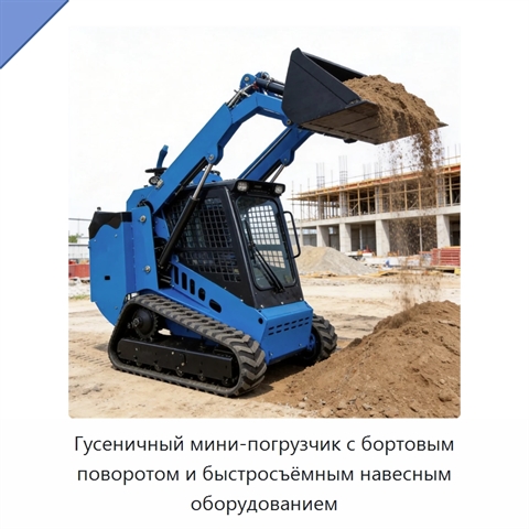 Компактный гусеничный мини-погрузчик с бортовым поворотом, универсальным быстросъёмным креплением и гидравлическим навесным оборудованием