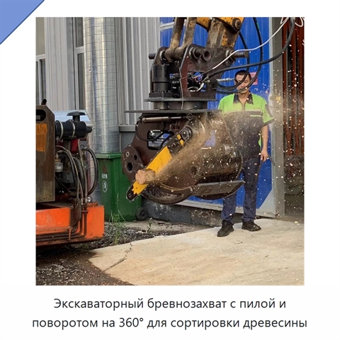 Экскаваторный бревнозахват с пилой и поворотом на 360° для сортировки древесины