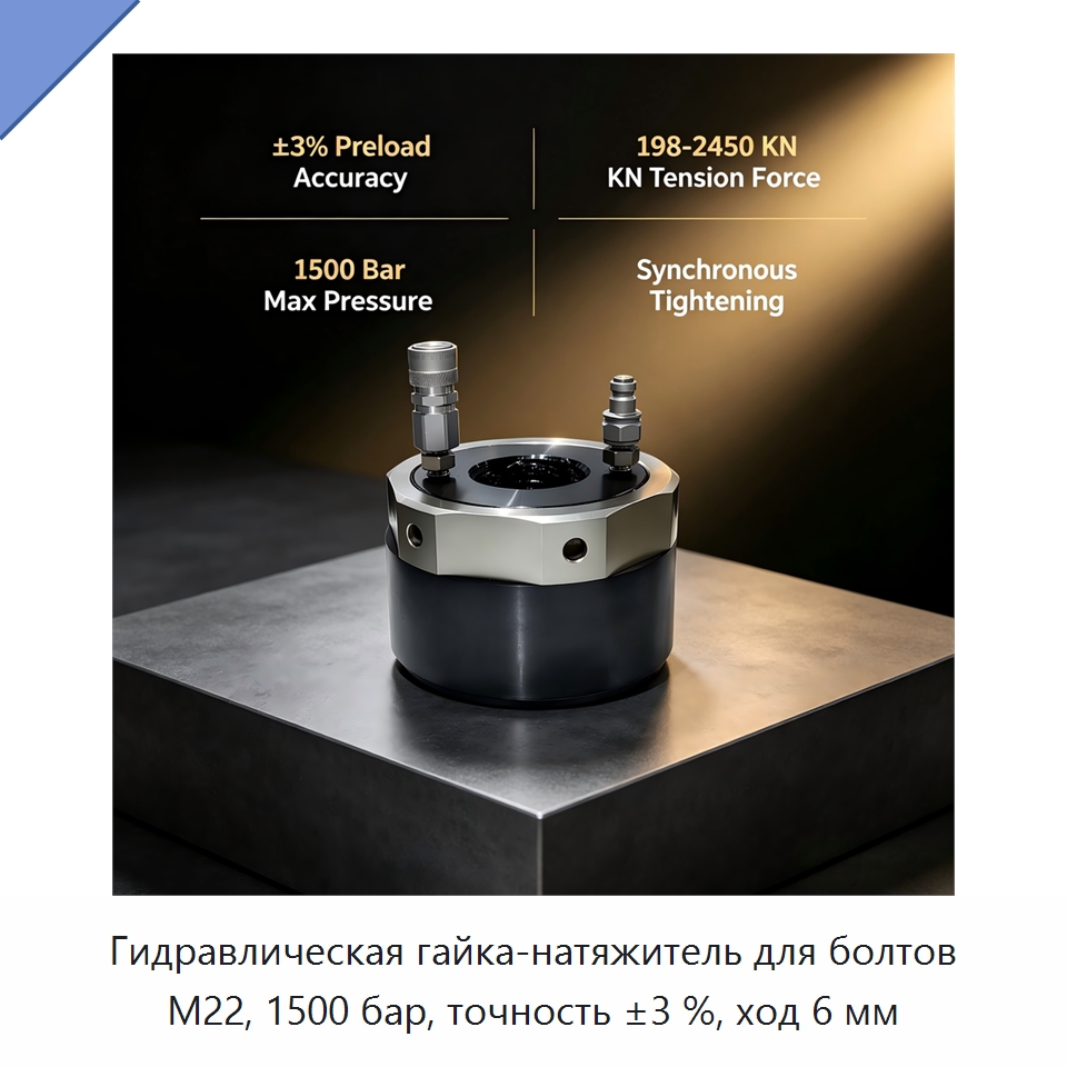 Гидравлическая гайка-натяжитель для болтов M22, 1500 бар, точность ±3 %, ход 6 мм — Специальный гидравлический инструмент