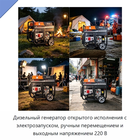 Дизельный генератор открытого исполнения с электрозапуском, ручным перемещением и выходным напряжением 220 В