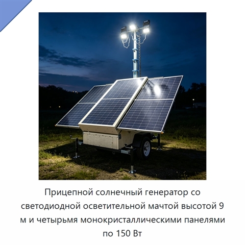 Прицепной солнечный генератор со светодиодной осветительной мачтой высотой 9 м и четырьмя монокристаллическими панелями по 150 Вт