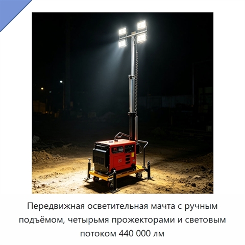 Передвижная осветительная мачта с ручным подъёмом, четырьмя прожекторами и световым потоком 440 000 лм
