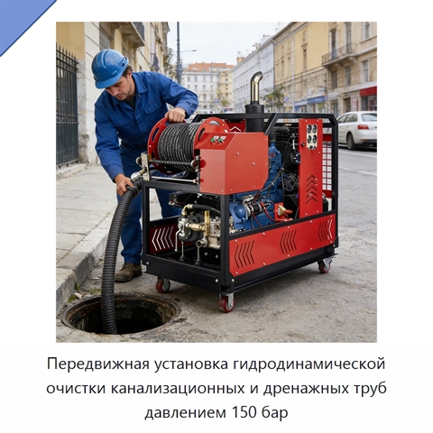 Передвижная установка гидродинамической очистки канализационных и дренажных труб давлением 150 бар