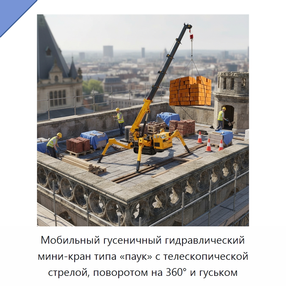 Мобильный гусеничный гидравлический мини-кран типа «паук» с телескопической стрелой, поворотом на 360° и гуськом — Краны