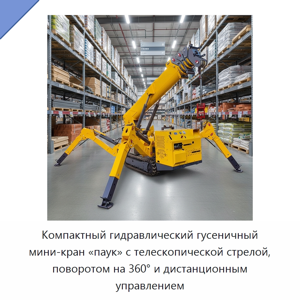 Компактный гидравлический гусеничный мини-кран «паук» с телескопической стрелой, поворотом на 360° и дистанционным управлением — Краны