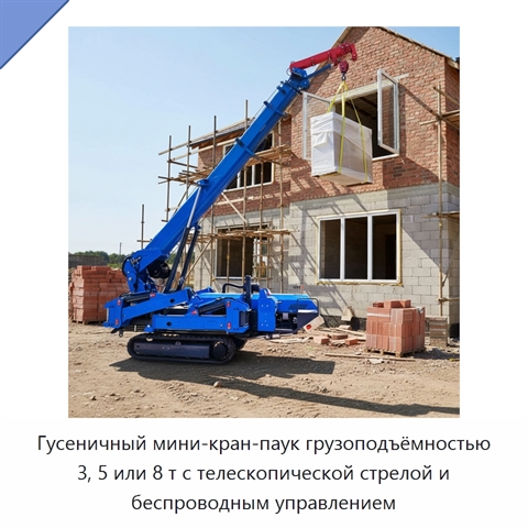 Гусеничный мини-кран-паук грузоподъёмностью 3, 5 или 8 т с телескопической стрелой и беспроводным управлением