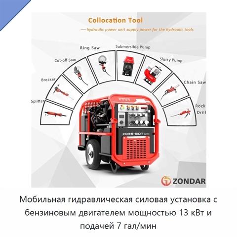Мобильная гидравлическая силовая установка с бензиновым двигателем мощностью 13 кВт и подачей 7 гал/мин
