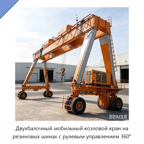 Двухбалочный мобильный козловой кран на резиновых шинах с рулевым управлением 360°