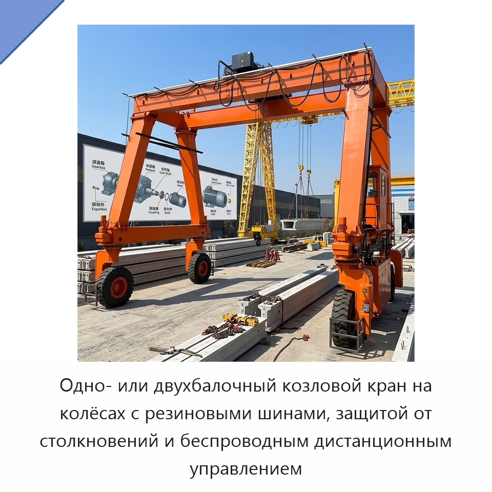 Одно- или двухбалочный козловой кран на колёсах с резиновыми шинами, защитой от столкновений и беспроводным дистанционным управлением — Краны