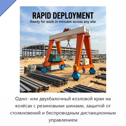Одно- или двухбалочный козловой кран на колёсах с резиновыми шинами, защитой от столкновений и беспроводным дистанционным управлением