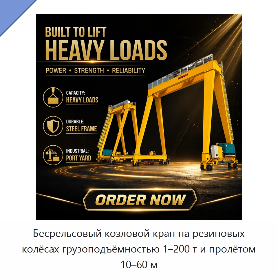Бесрельсовый козловой кран на резиновых колёсах грузоподъёмностью 1–200 т и пролётом 10–60 м — Краны