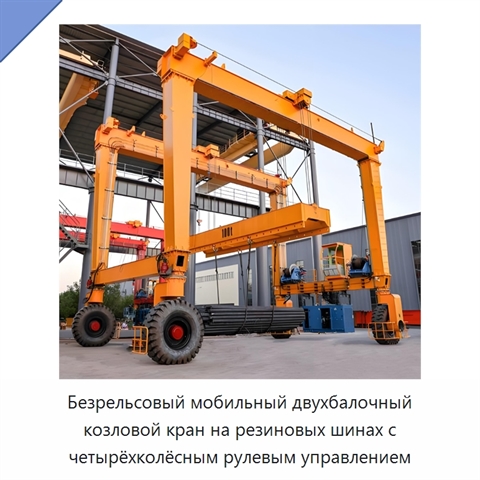 Безрельсовый мобильный двухбалочный козловой кран на резиновых шинах с четырёхколёсным рулевым управлением