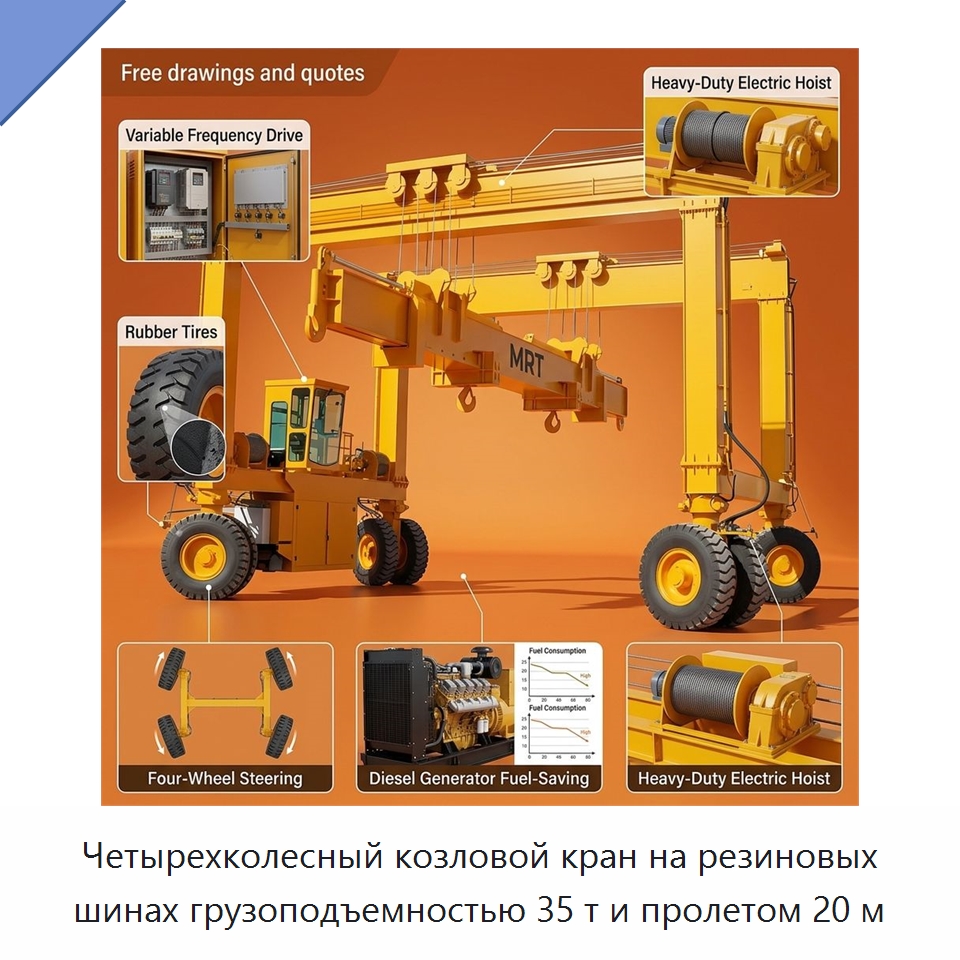 Четырехколесный козловой кран на резиновых шинах грузоподъемностью 35 т и пролетом 20 м — Краны