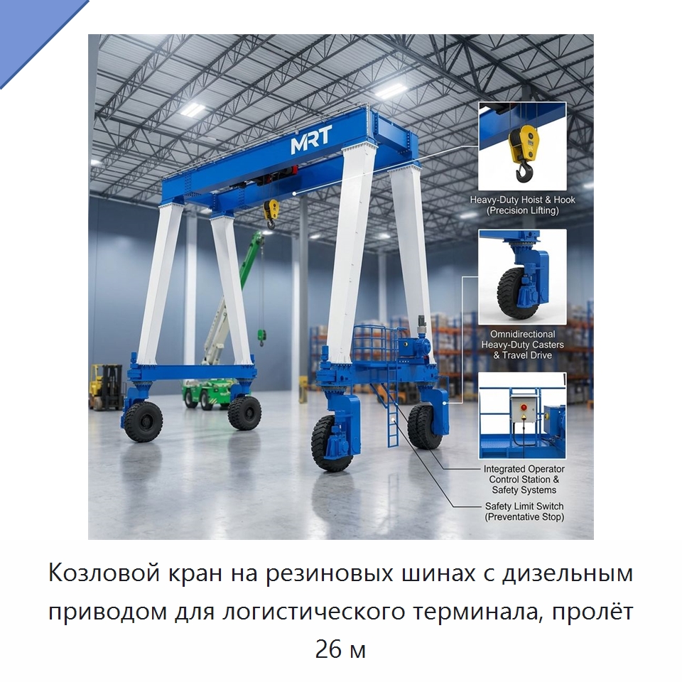 Козловой кран на резиновых шинах с дизельным приводом для логистического терминала, пролёт 26 м — Краны
