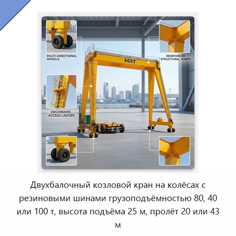 Двухбалочный козловой кран на колёсах с резиновыми шинами грузоподъёмностью 80, 40 или 100 т, высота подъёма 25 м, пролёт 20 или 43 м