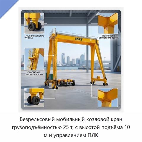 Безрельсовый мобильный козловой кран грузоподъёмностью 25 т, с высотой подъёма 10 м и управлением ПЛК