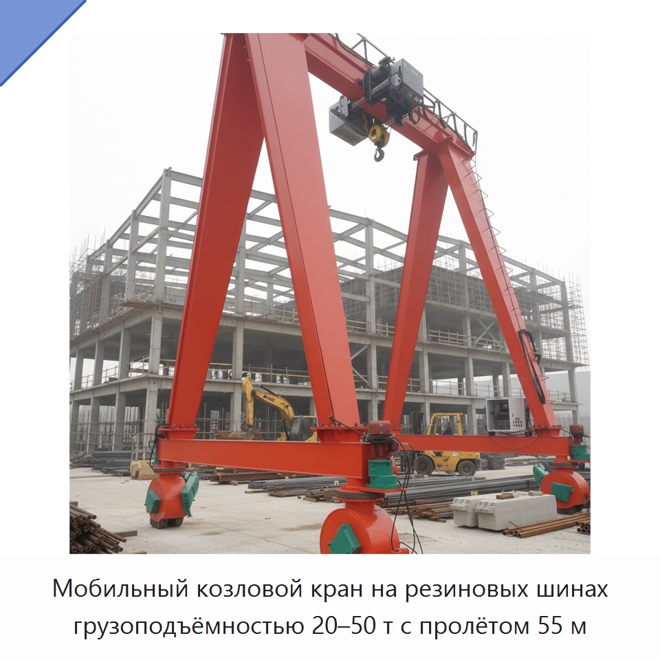 Мобильный козловой кран на резиновых шинах грузоподъёмностью 20–50 т с пролётом 55 м — Краны
