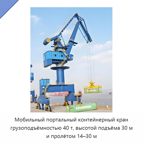 Мобильный портальный контейнерный кран грузоподъёмностью 40 т, высотой подъёма 30 м и пролётом 14–30 м