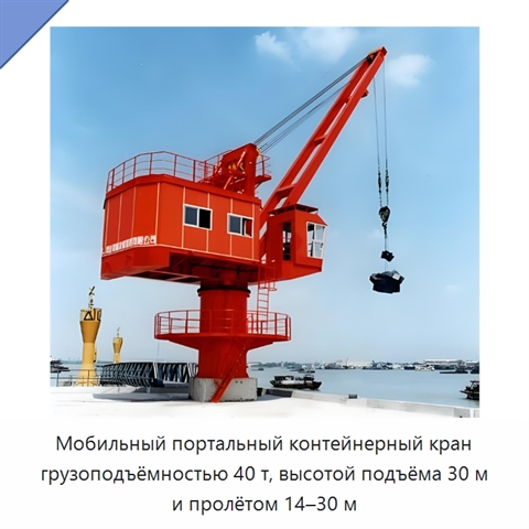 Мобильный портальный контейнерный кран грузоподъёмностью 40 т, высотой подъёма 30 м и пролётом 14–30 м