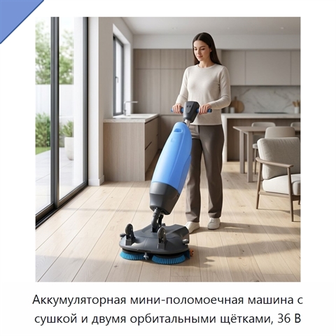 Аккумуляторная мини-поломоечная машина с сушкой и двумя орбитальными щётками, 36 В