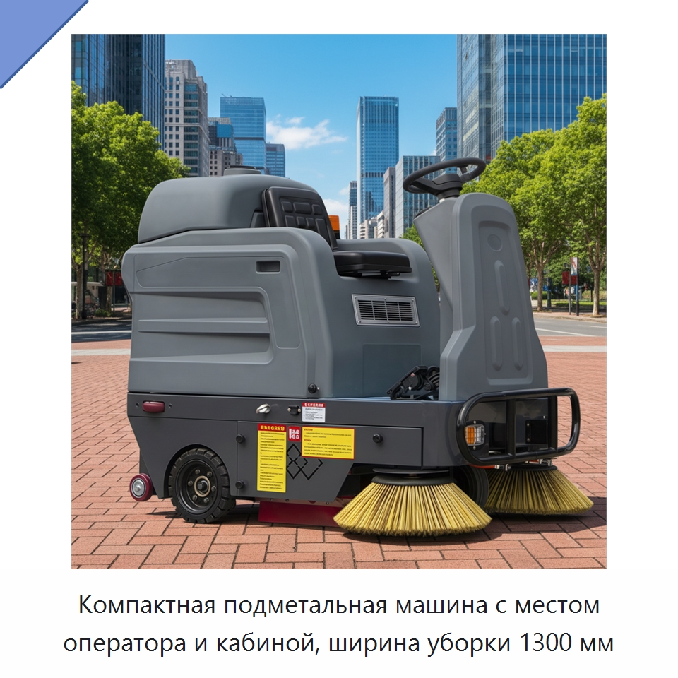 Компактная подметальная машина с местом оператора и кабиной, ширина уборки 1300 мм — Подметальные машины