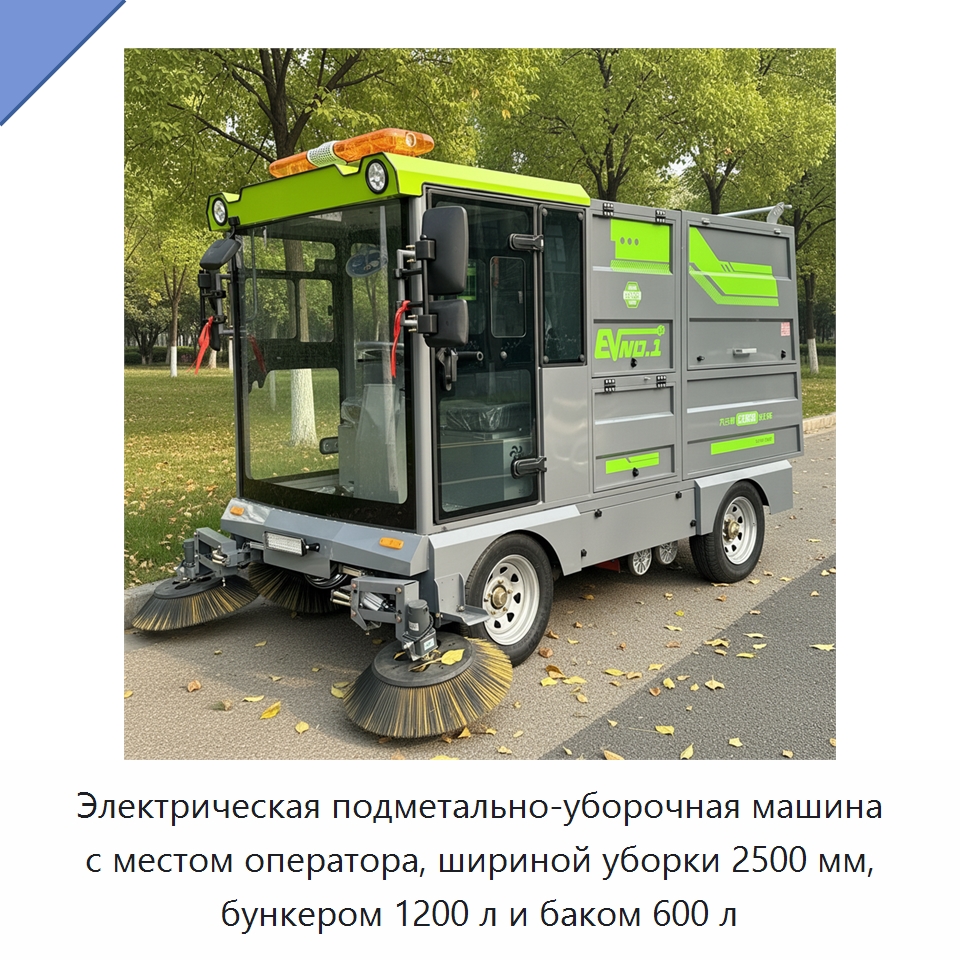 Электрическая подметально-уборочная машина с местом оператора, шириной уборки 2500 мм, бункером 1200 л и баком 600 л — Подметальные машины