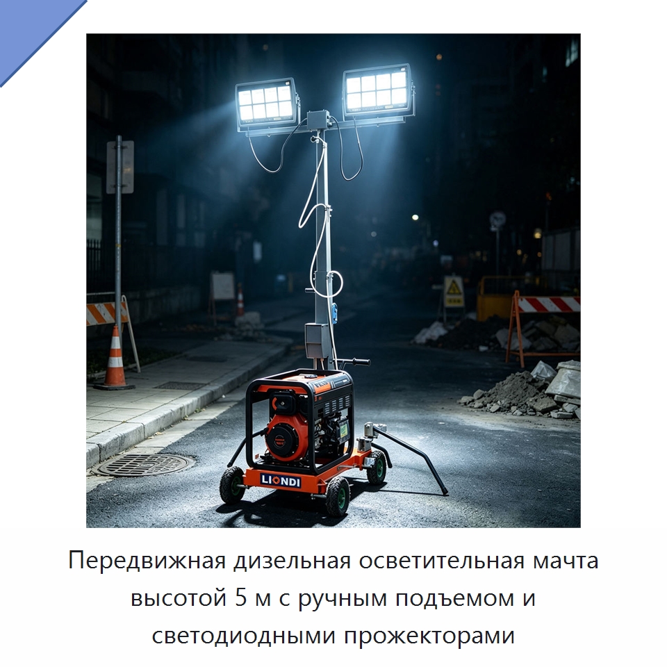 Передвижная дизельная осветительная мачта высотой 5 м с ручным подъемом и светодиодными прожекторами — Специальная строительная техника