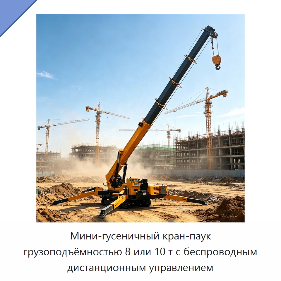 Мини-гусеничный кран-паук грузоподъёмностью 8 или 10 т с беспроводным дистанционным управлением — Краны