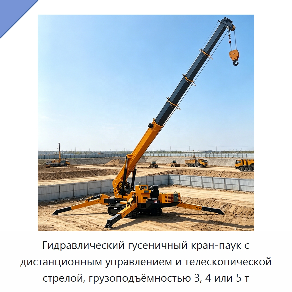 Гидравлический гусеничный кран-паук с дистанционным управлением и телескопической стрелой, грузоподъёмностью 3, 4 или 5 т — Краны