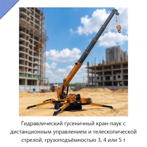 Гидравлический гусеничный кран-паук с дистанционным управлением и телескопической стрелой, грузоподъёмностью 3, 4 или 5 т