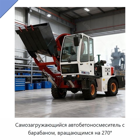 Самозагружающийся автобетоносмеситель с барабаном, вращающимся на 270°