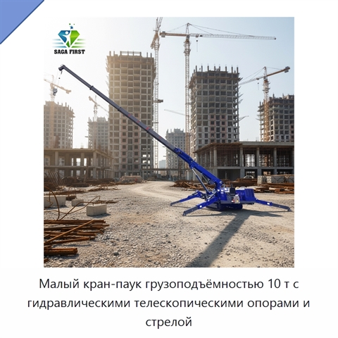 Малый кран-паук грузоподъёмностью 10 т с гидравлическими телескопическими опорами и стрелой