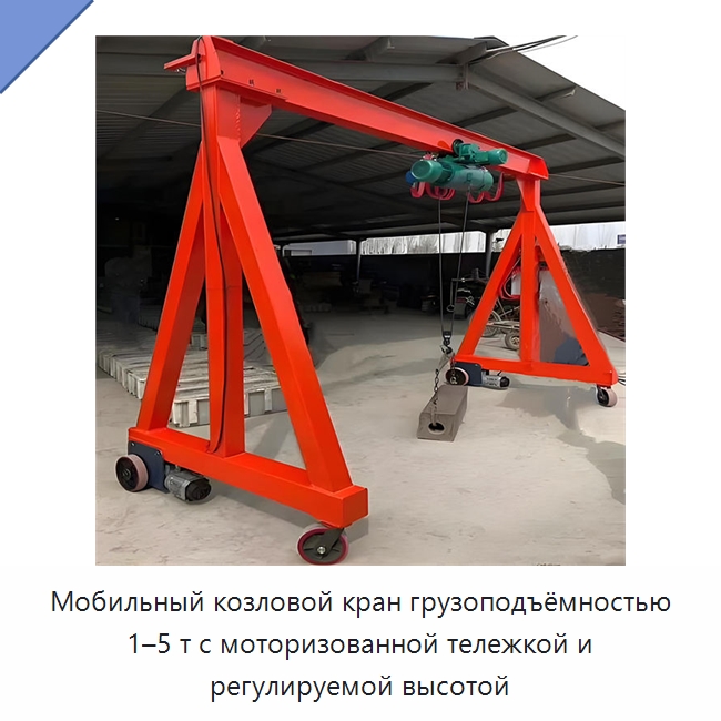 Мобильный козловой кран грузоподъёмностью 1–5 т с моторизованной тележкой и регулируемой высотой — Краны