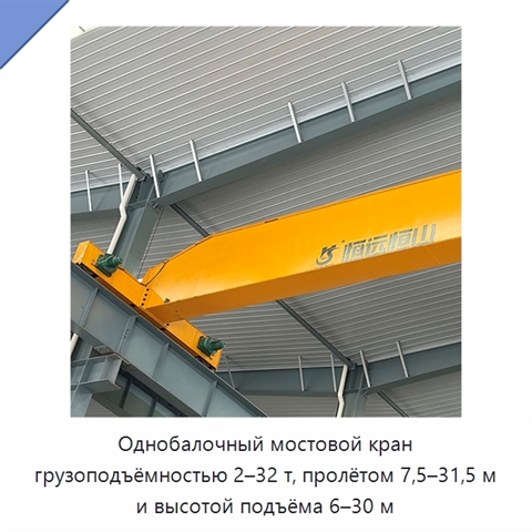 Однобалочный мостовой кран грузоподъёмностью 2–32 т, пролётом 7,5–31,5 м и высотой подъёма 6–30 м