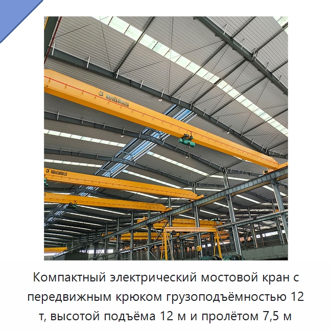 Компактный электрический мостовой кран с передвижным крюком грузоподъёмностью 12 т, высотой подъёма 12 м и пролётом 7,5 м — Краны