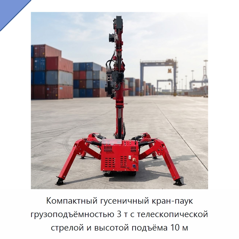 Компактный гусеничный кран-паук грузоподъёмностью 3 т с телескопической стрелой и высотой подъёма 10 м — Краны