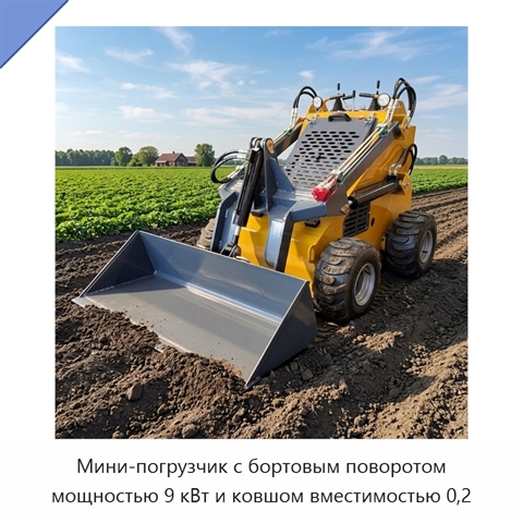 Мини-погрузчик с бортовым поворотом мощностью 9 кВт и ковшом вместимостью 0,2