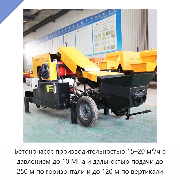 Бетононасос производительностью 15–20 м³/ч с давлением до 10 МПа и дальностью подачи до 250 м по горизонтали и до 120 м по вертикали — Дорожная техника
