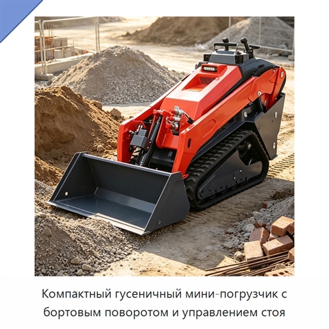 Компактный гусеничный мини-погрузчик с бортовым поворотом и управлением стоя