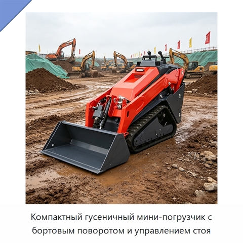 Компактный гусеничный мини-погрузчик с бортовым поворотом и управлением стоя