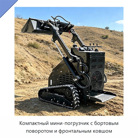 Компактный мини-погрузчик с бортовым поворотом и фронтальным ковшом