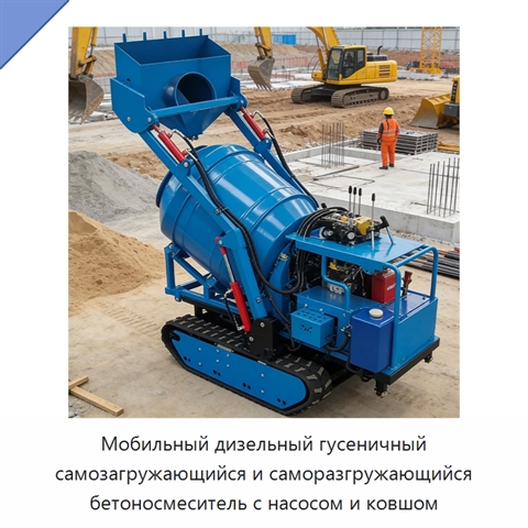 Мобильный дизельный гусеничный самозагружающийся и саморазгружающийся бетоносмеситель с насосом и ковшом