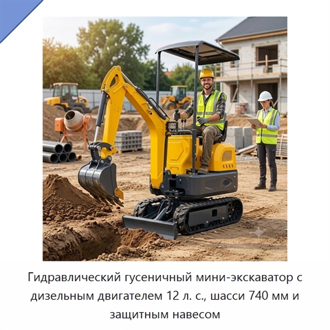 Гидравлический гусеничный мини-экскаватор с дизельным двигателем 12 л. с., шасси 740 мм и защитным навесом